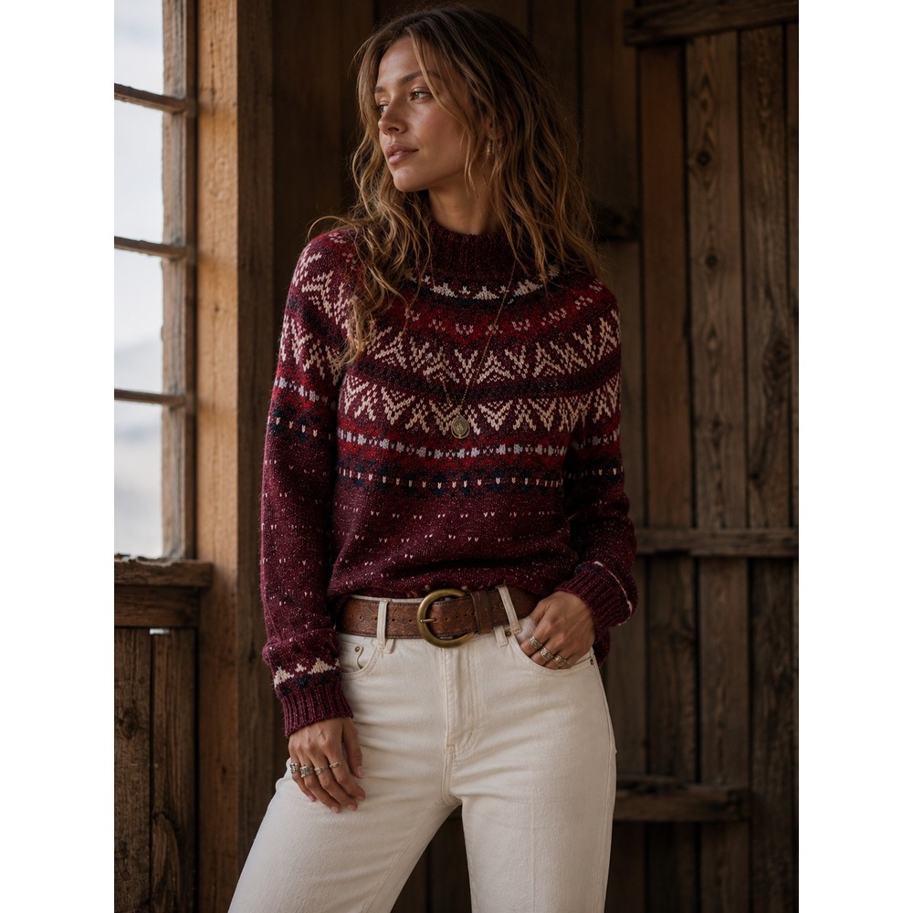American Eagle  XS Fair Isle Mock Neck Sweater Burgundy Red Wool Blend Knit